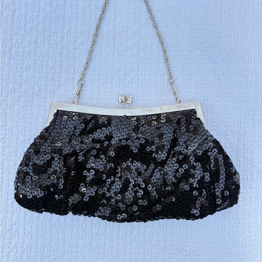 Black Sequin Clutch Roses Kiss Lock Silver tone frame Evening Wedding Date Bag!